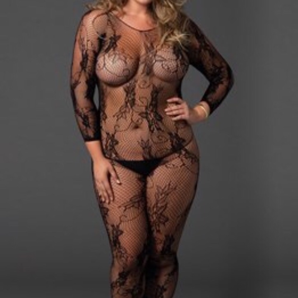 Floral Lace Bodystocking Black Plus Size